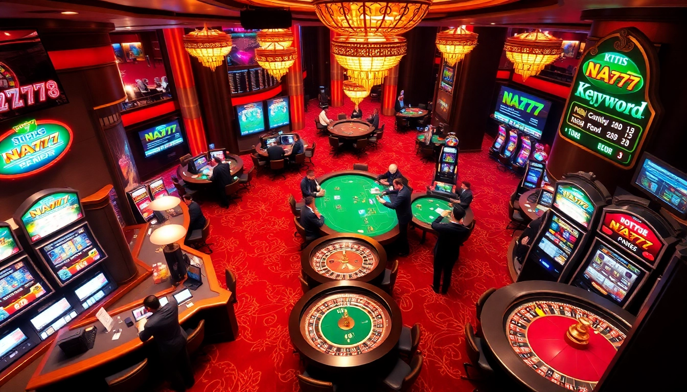 NA777 brings excitement to the casino experience with players enjoying poker tables and slot machines.