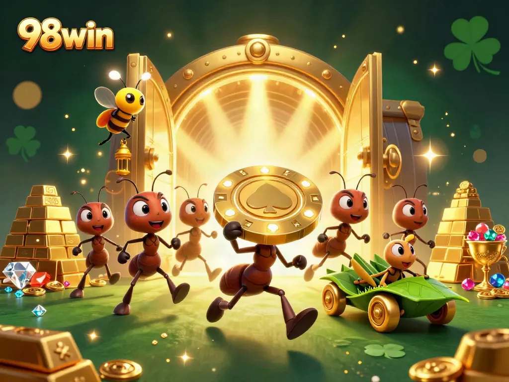 Experience a thrilling heist with 98win's animated team of ants and a treasure-filled scene.