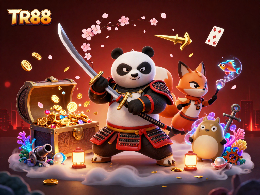 TR88 offers a vibrant 3D illustration showcasing a samurai panda and friends engaging in dynamic gaming elements.