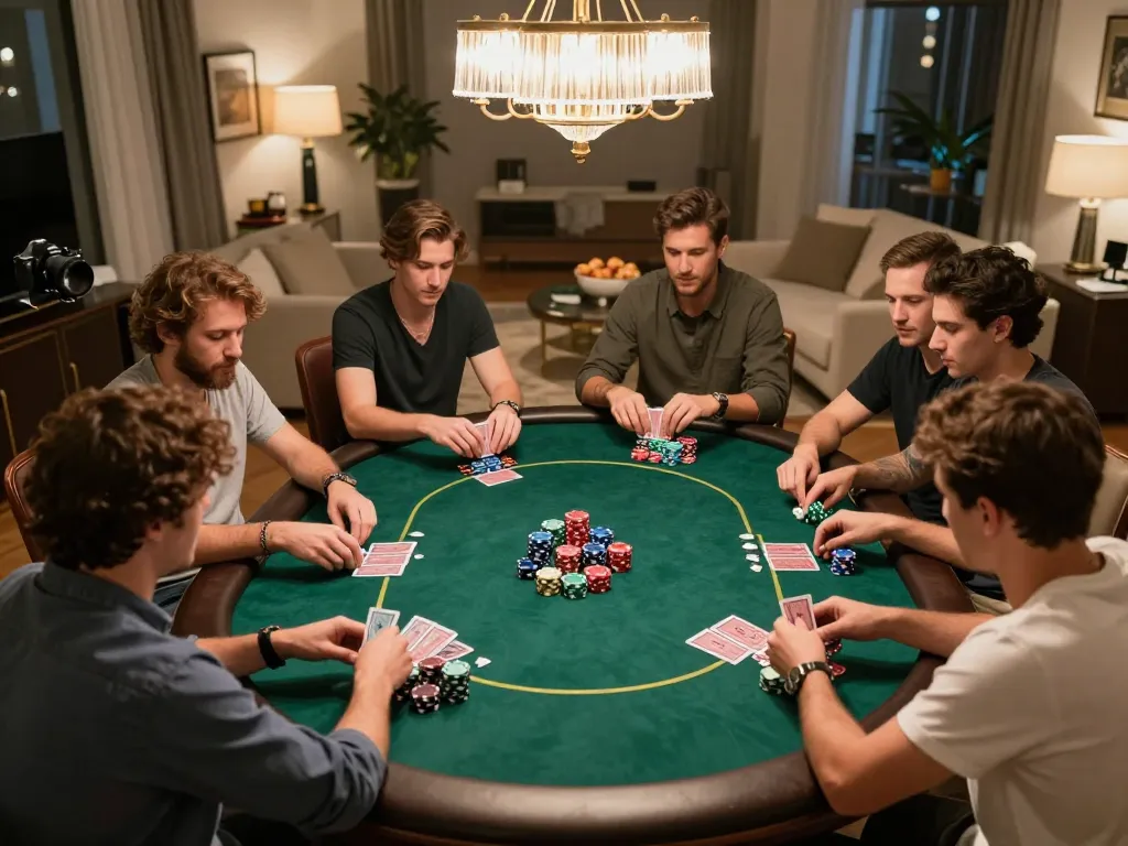 Luck8 players enjoying a thrilling Texas Hold'em game during a home poker night filled with excitement and camaraderie.