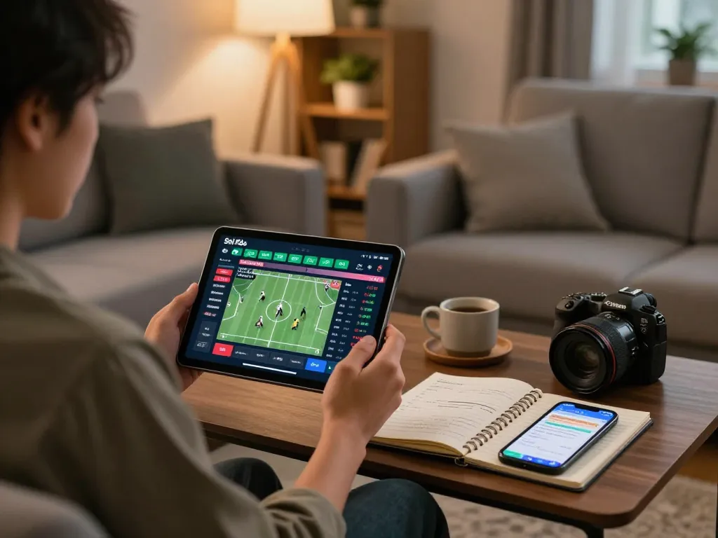 Soi Kèo betting scene featuring a person placing bets on a tablet while reviewing strategies.