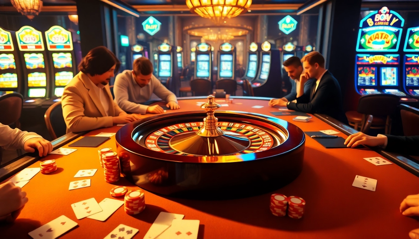 8DAY casino scene with players at poker table and vibrant roulette wheel in focus