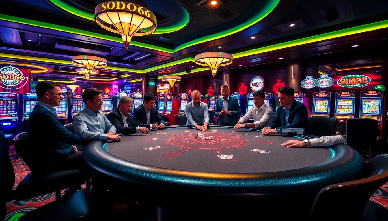 Exciting poker game at SODO66 casino table with players and vibrant slot machines.