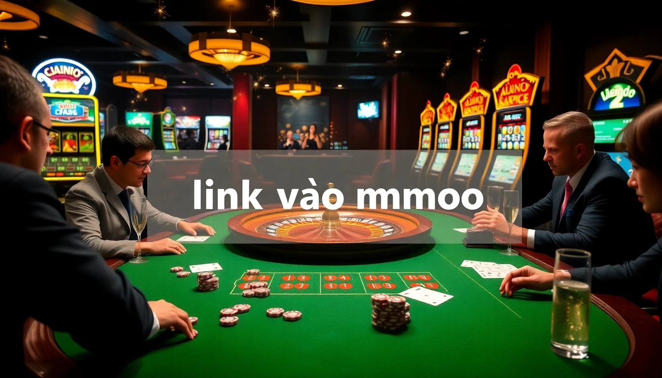Experience the excitement of gambling at LC88 with 'link vào mmoo' featured prominently in a luxurious casino setting.