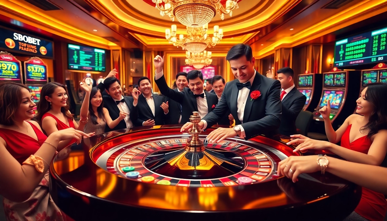 SBOBET players celebrating wins at a luxurious casino roulette table.