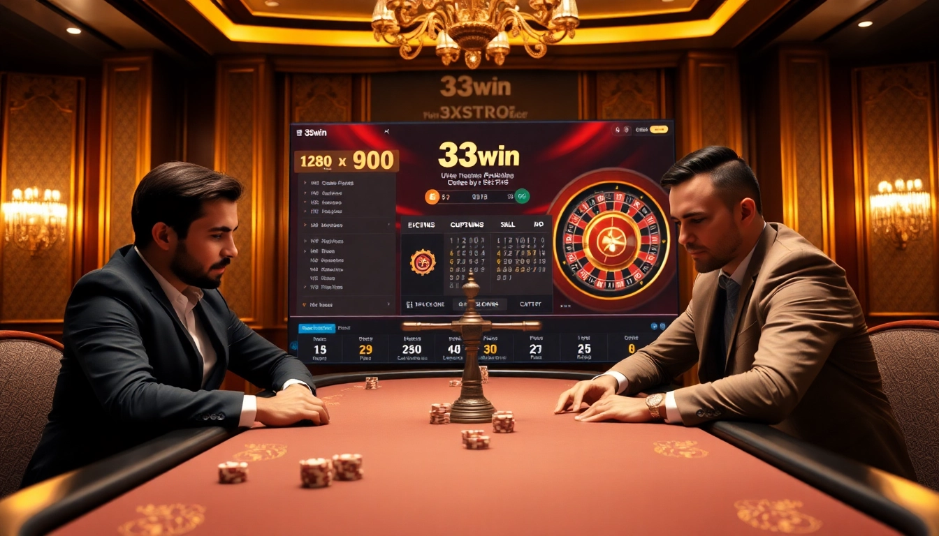 33win interactive online gambling platform with poker players at a luxurious table.