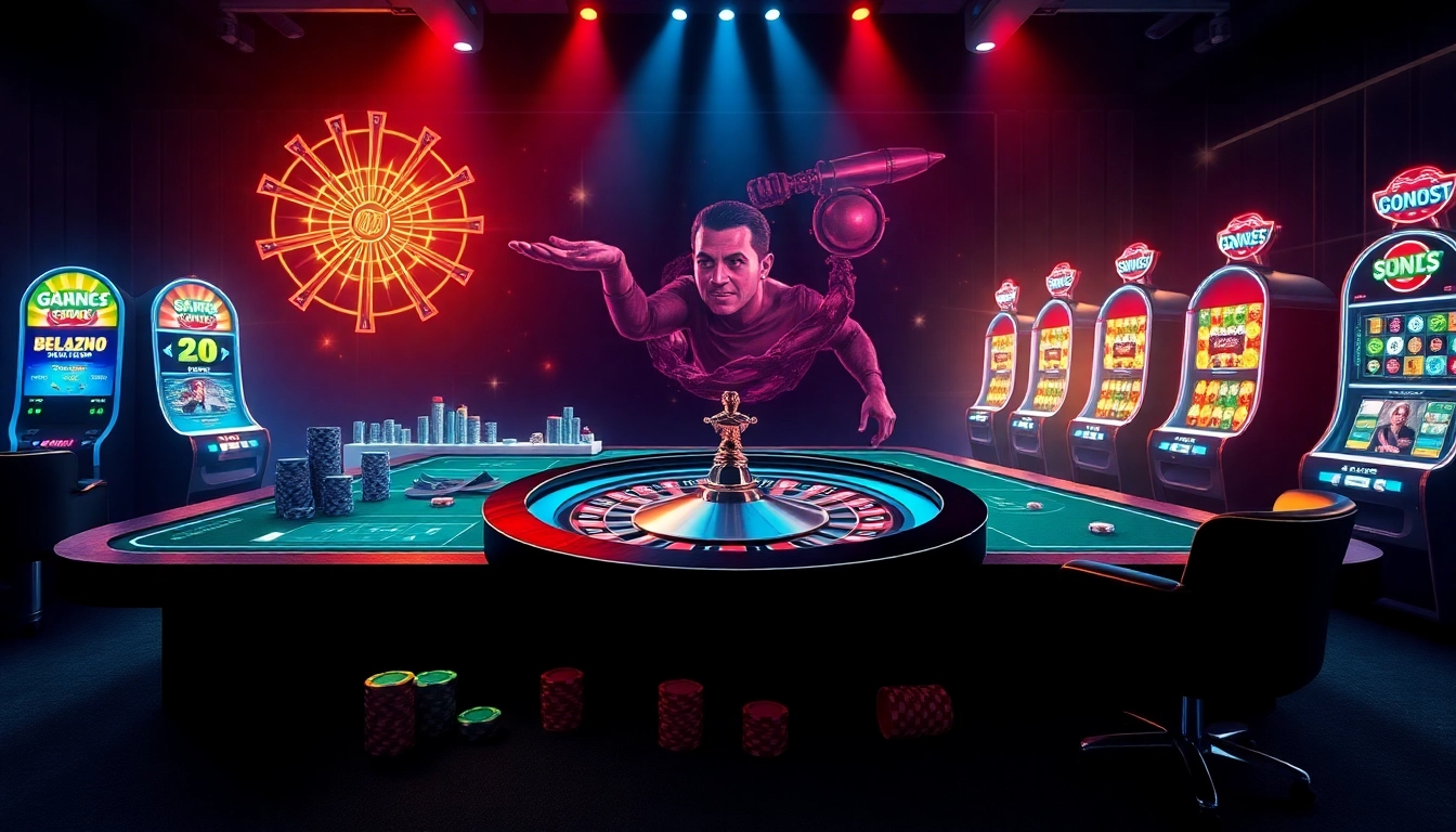 An animated gambling interface showcasing vibrant casino games at https://bong88.casa/ with poker chips and a roulette wheel.