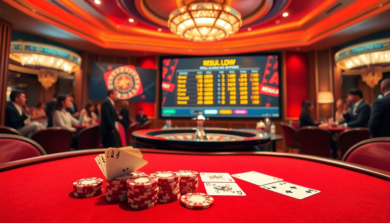 Witnessing thrilling result sdy draw in a luxurious casino setting filled with cards and chips.