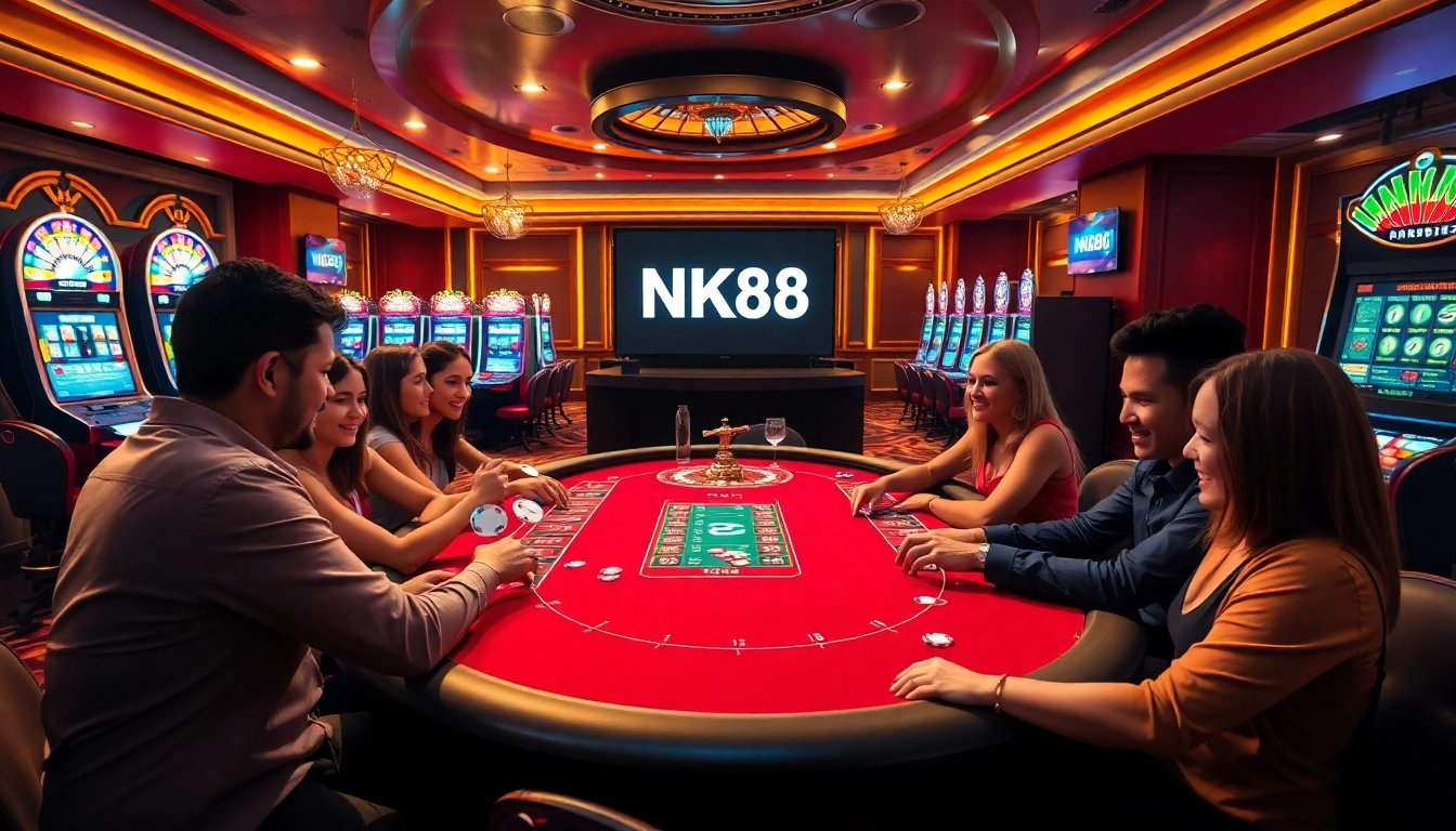 Engaged players around a lively poker table showcasing NK88 in a luxurious casino setting.