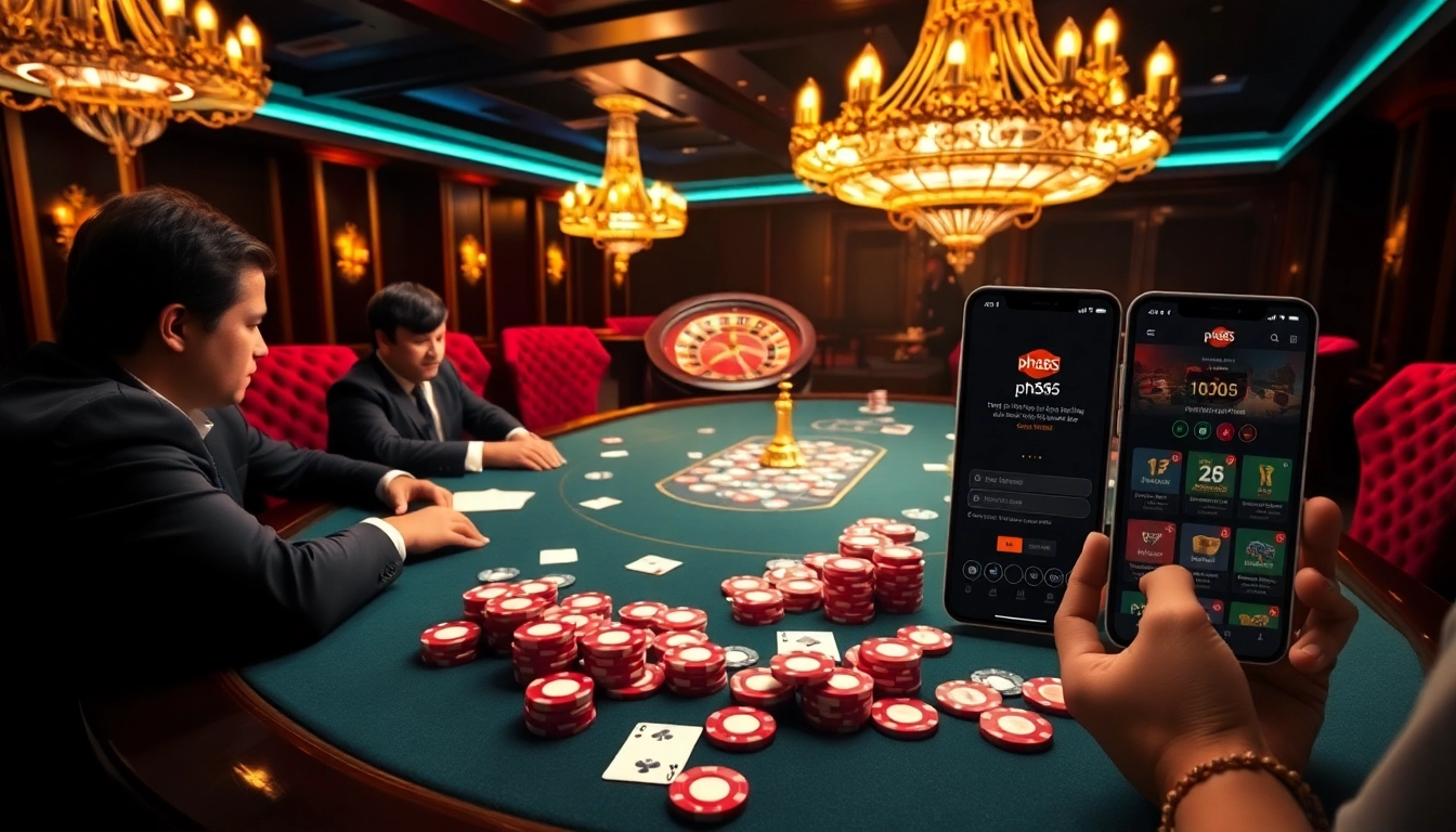 Experience the thrill at ph365 casino's luxurious gambling scene with professional players at a poker table.