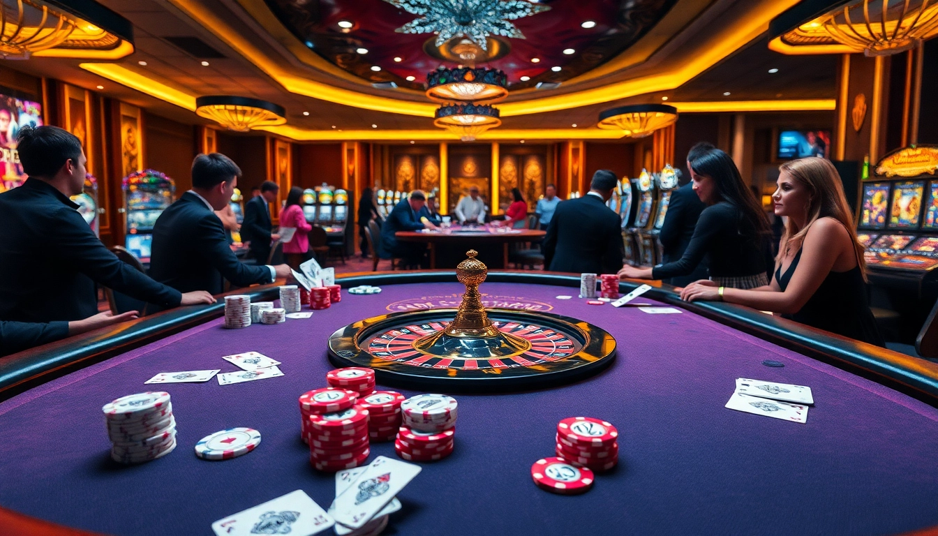 Experience thrilling j88 gameplay at a luxurious casino table with vibrant poker chips and cards.