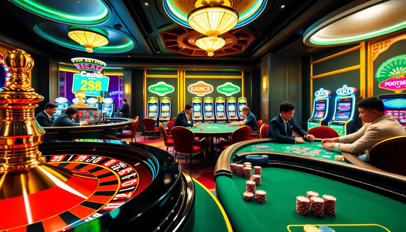 Cổng Game XIN88 showcases a vibrant casino scene with poker tables and slot machines.