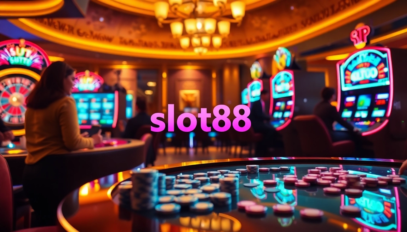 A player celebrating a win while playing slot88 on a luxurious casino slot machine, surrounded by festive poker chips and a roulette wheel.