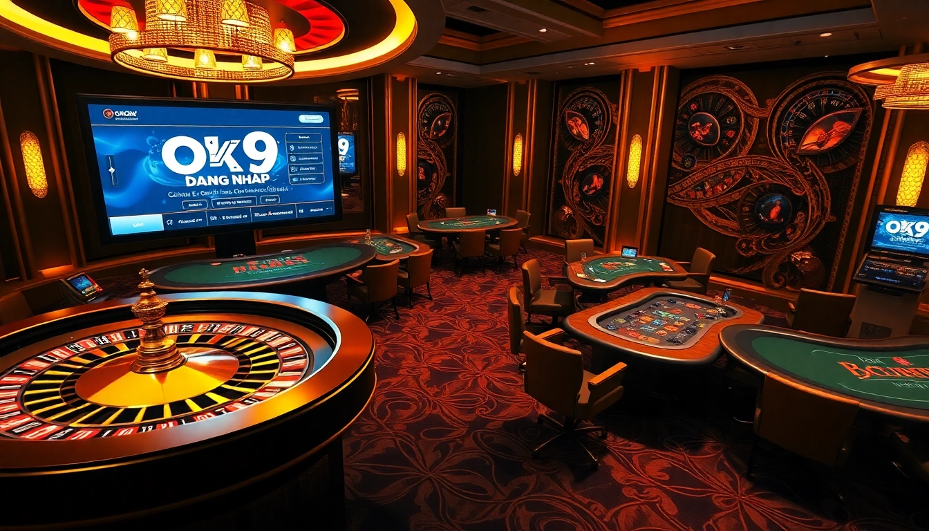 Experience the thrill of online gambling at OK9 Dang Nhap with vibrant casino visuals and exciting game elements.