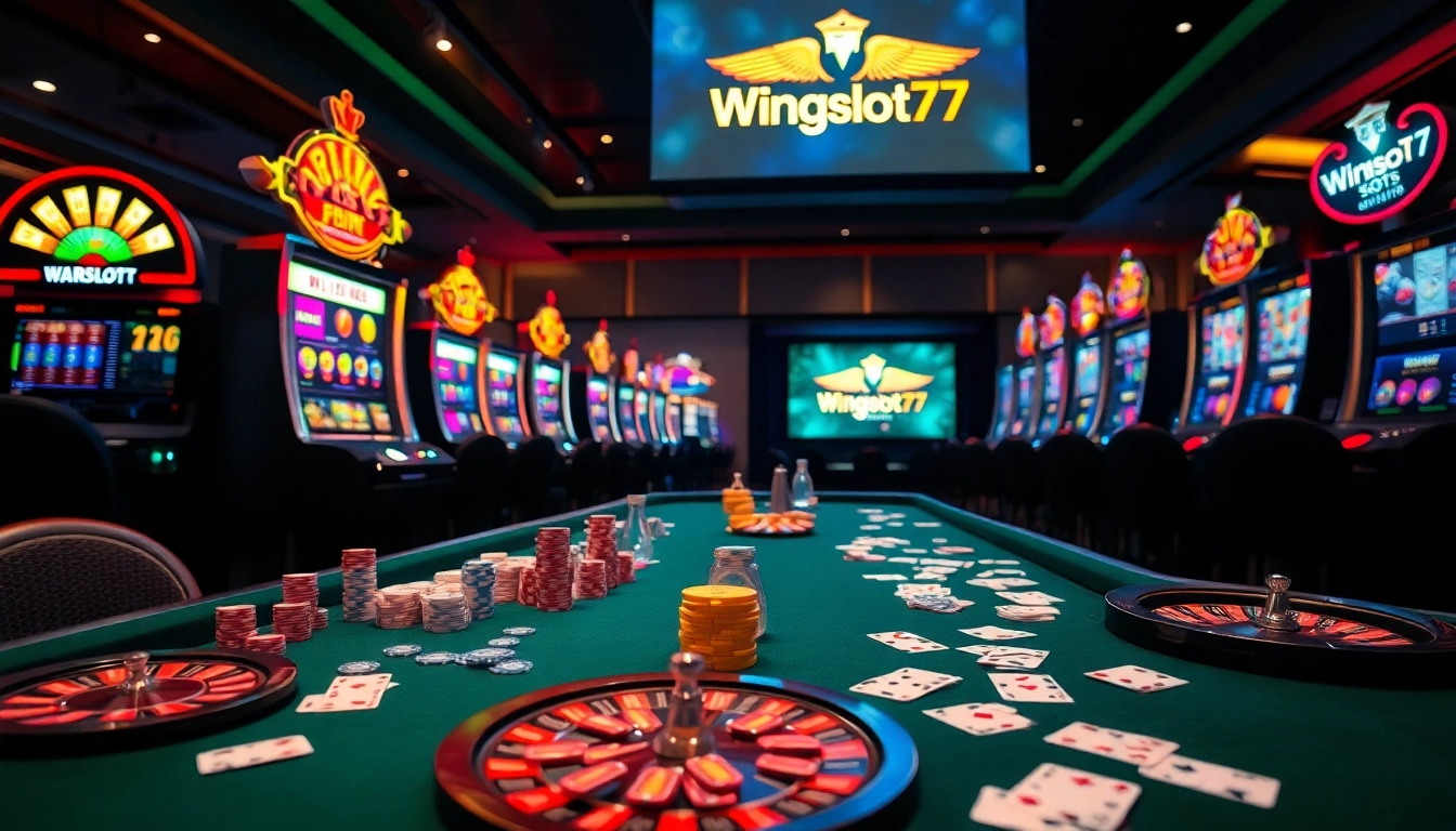 Experience the thrill of winning at Wingslots77 with vibrant slot machines and casino elements.