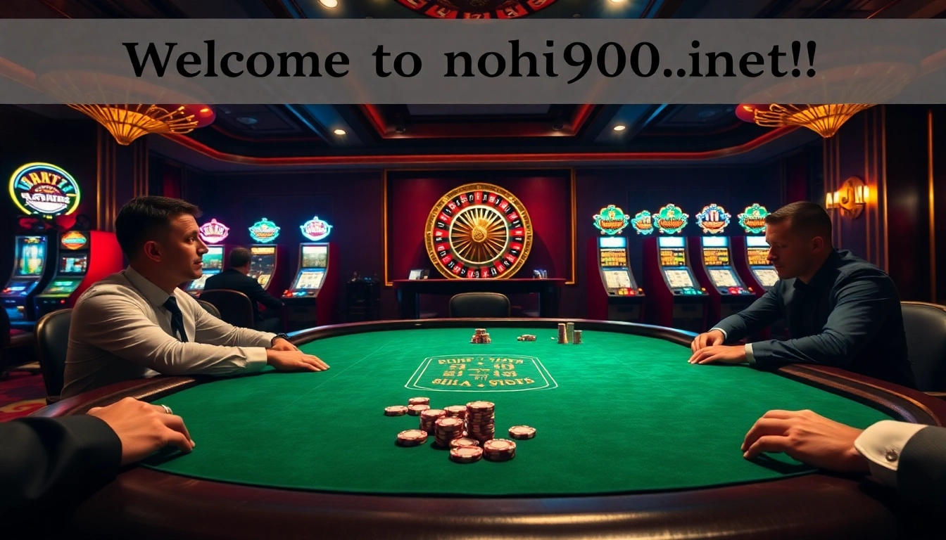 A thrilling poker game at nohu900.in.net with professional players, chips, and roulette wheel in a luxury casino setting.
