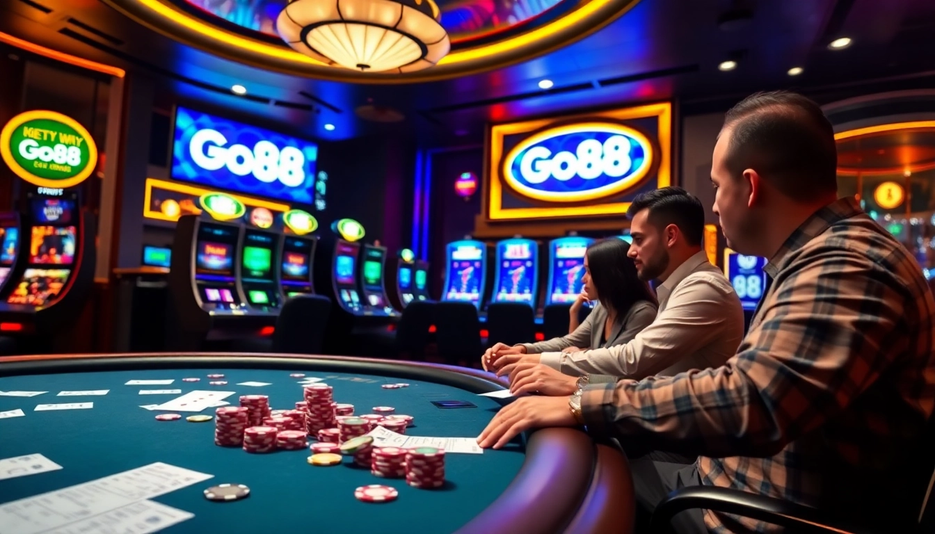 Go88 enthusiasts engaging in a thrilling poker game at a luxurious casino table.