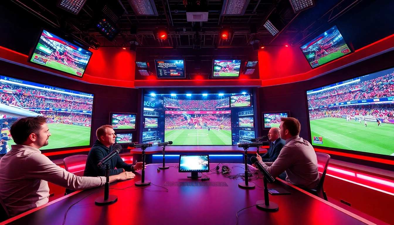 Capture of energetic sports broadcasting scene featuring broadcasters and live graphics.