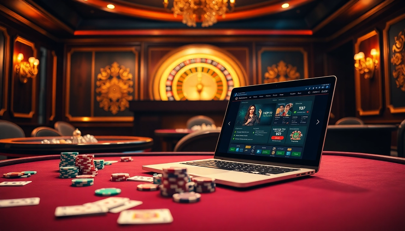 Capture the thrill of gambling at https://bet88vn.bio with a vibrant casino scene featuring poker chips and a roulette wheel.