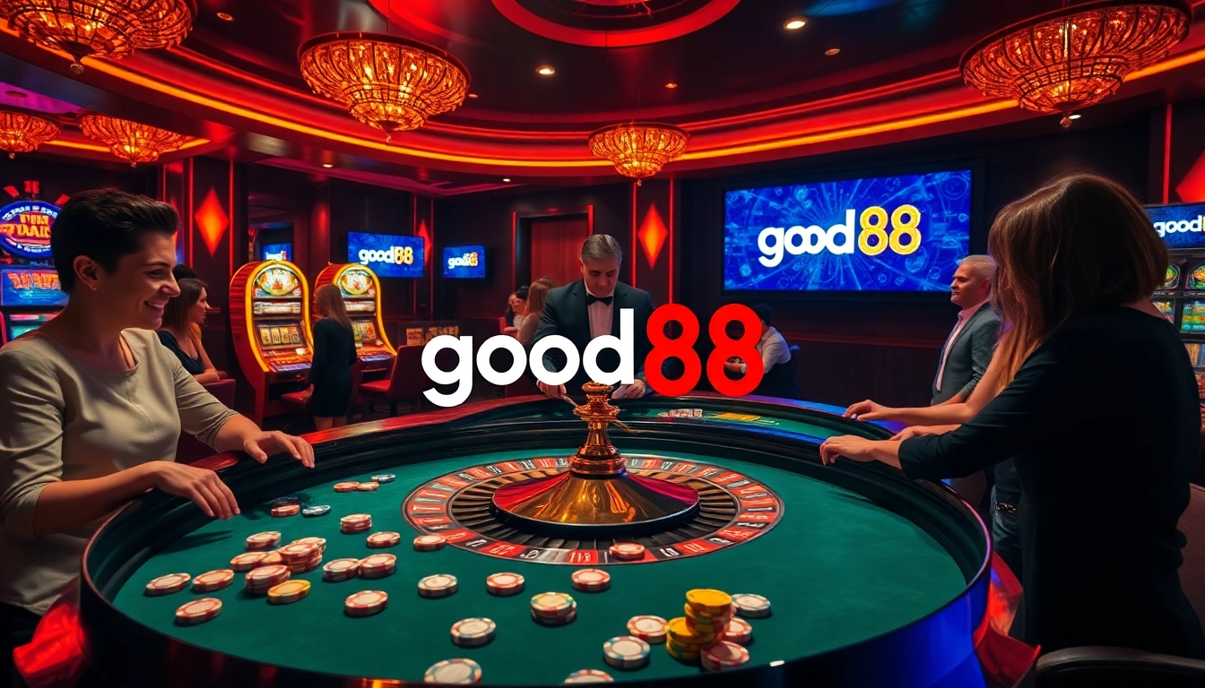 Experience the thrill of gambling at good88 with vibrant casino tables, poker chips, and slot machines.