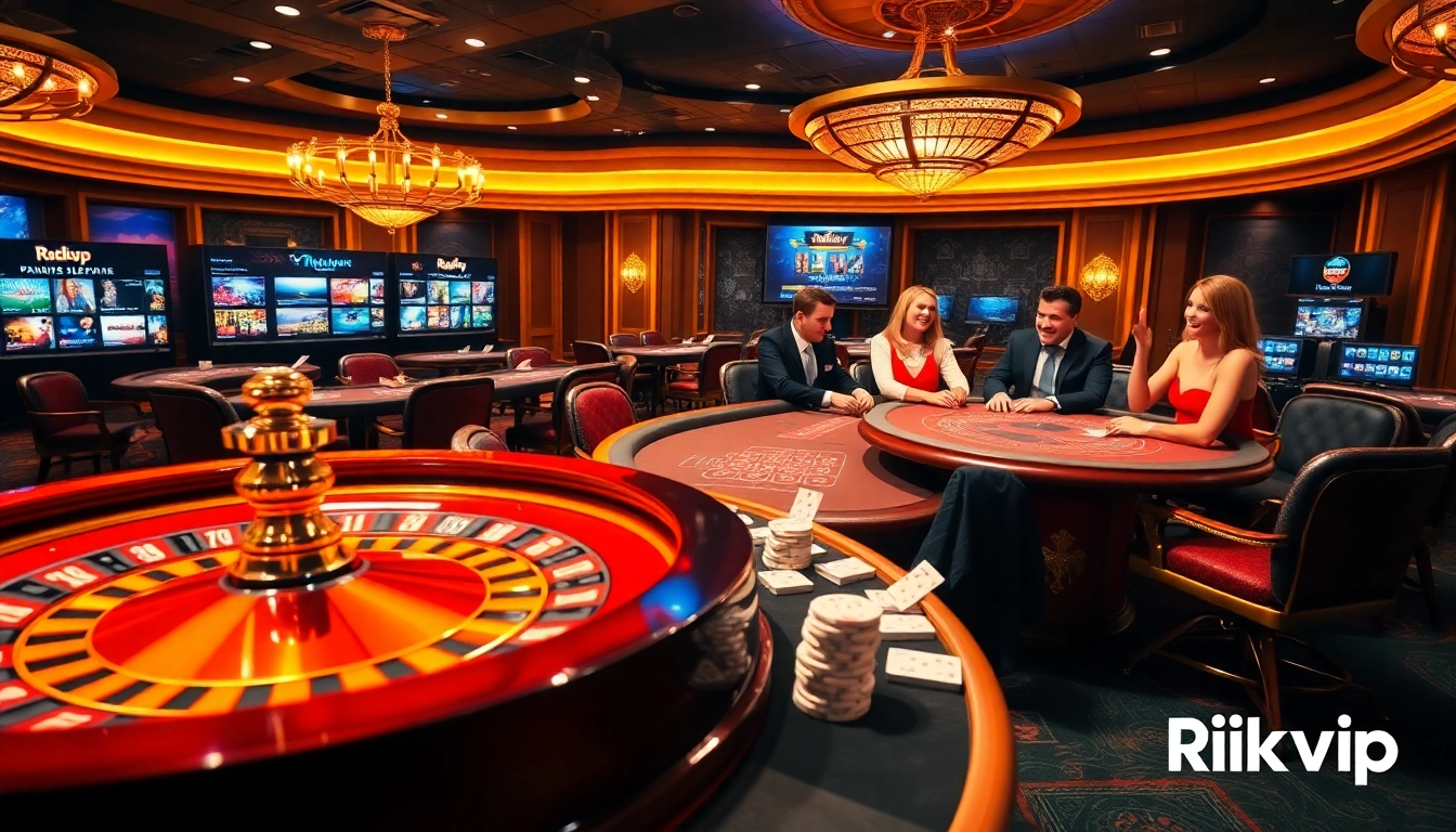 Rikvip players engaging in an exciting casino experience with poker chips and cards.