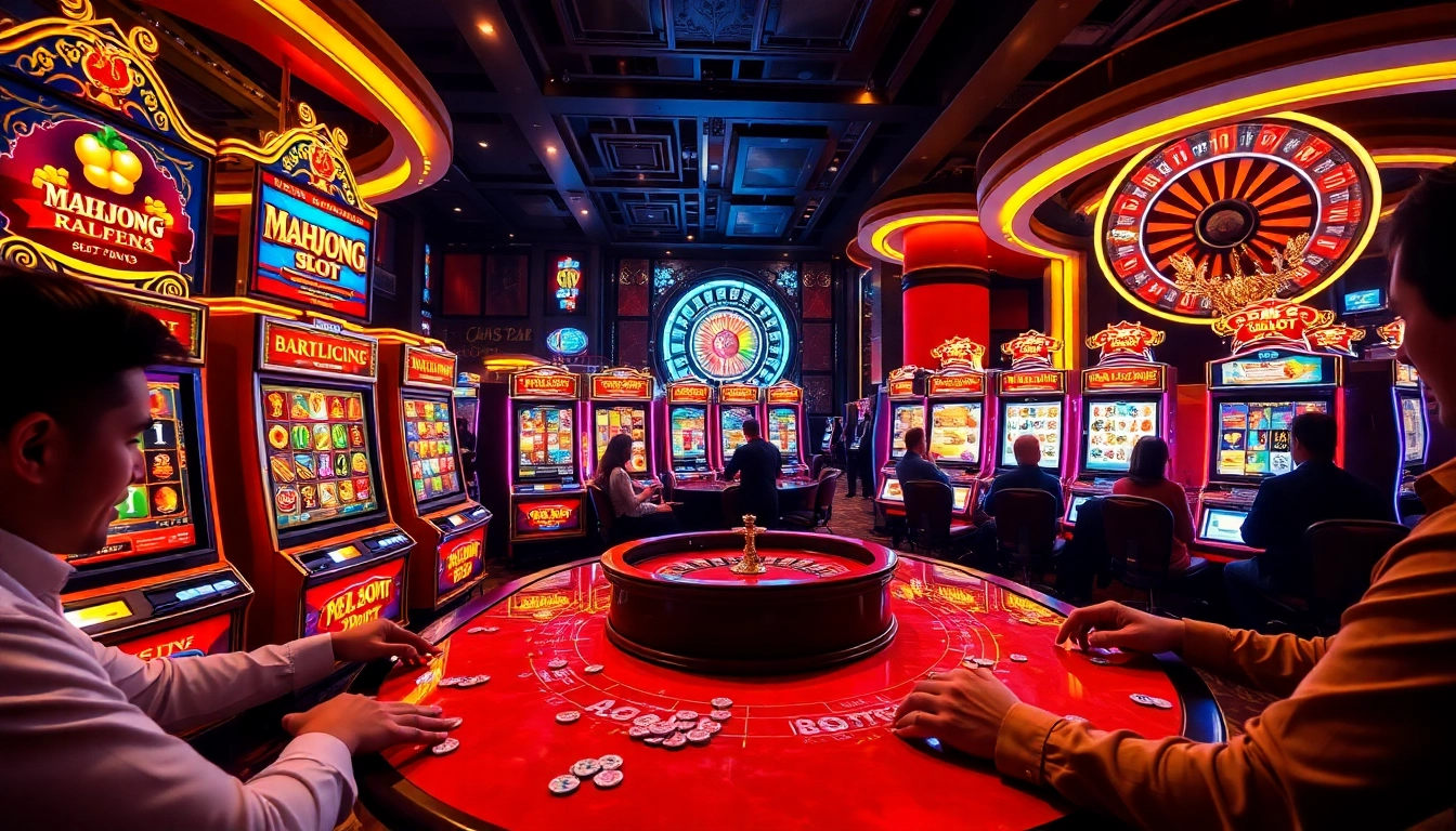 Players enjoying a lively slot demo experience at a colorful casino with vibrant slot machines.