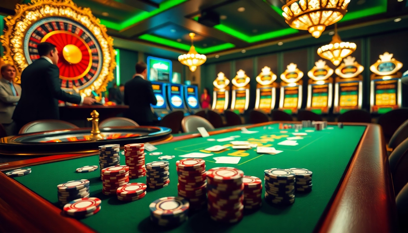 FEBET casino scene with poker chips, cards, and an ornate roulette wheel in a luxurious setting.