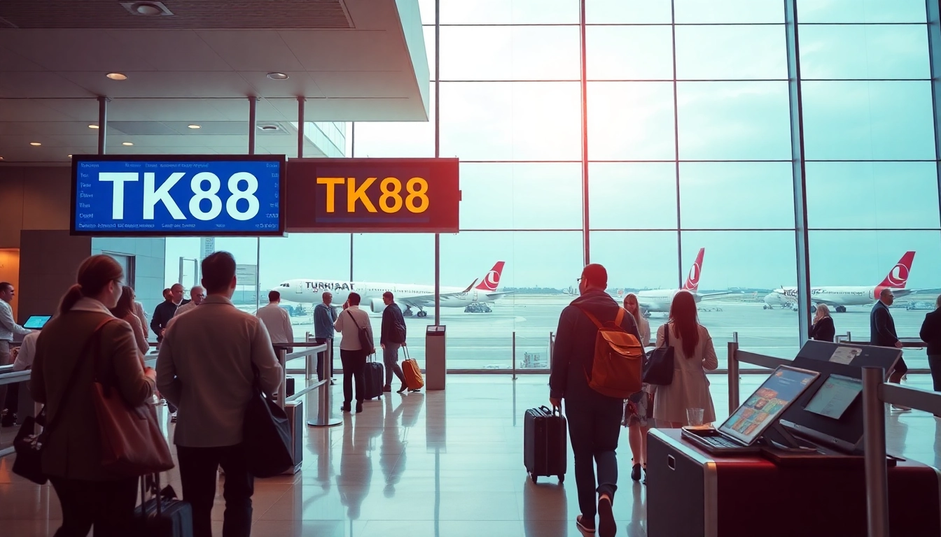 A vibrant airport scene showcasing Turkish Airlines Flight TK88 with excited travelers at the terminal.