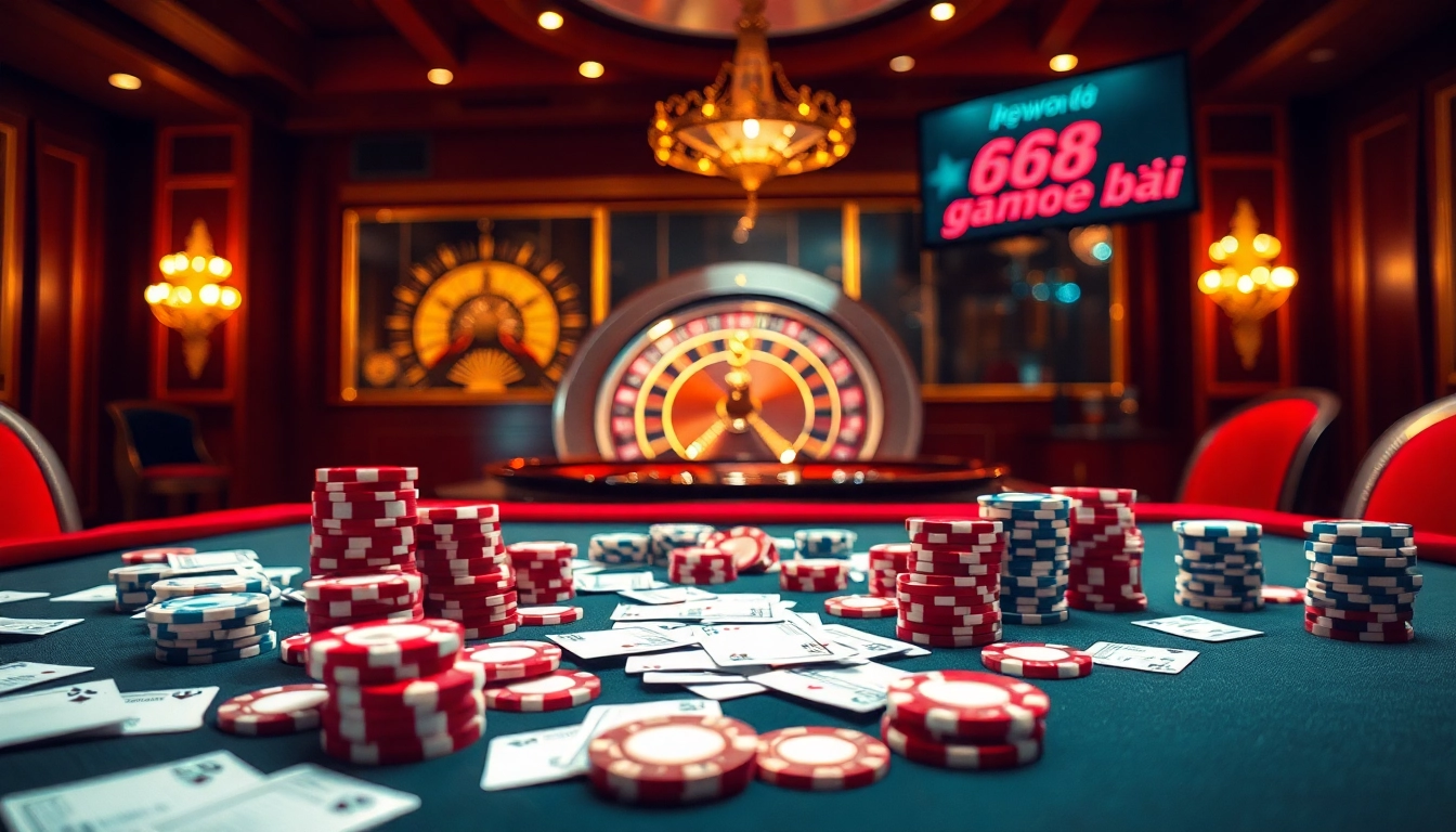 Engaging moment at a colorful casino with '68 game bài' gaming experience, showcasing strategic gambling.