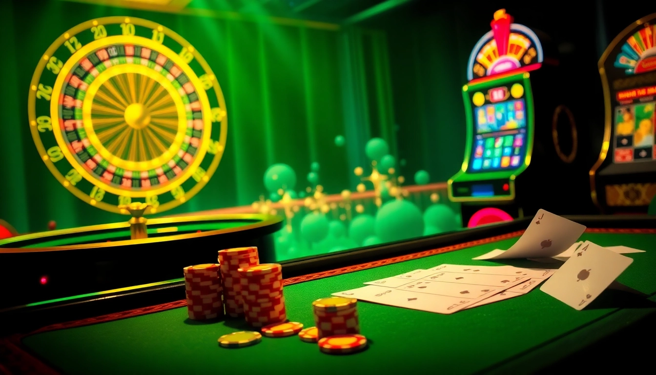 Gambling excitement at nhà cái rr88 with casino tables, poker chips, and roulette wheels.