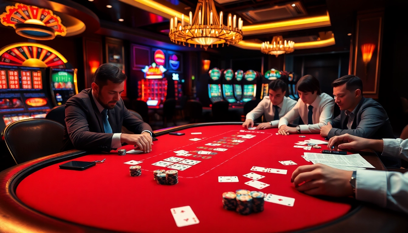 An intense poker game at ok365 com with vibrant chips and focused players in a luxurious casino environment.