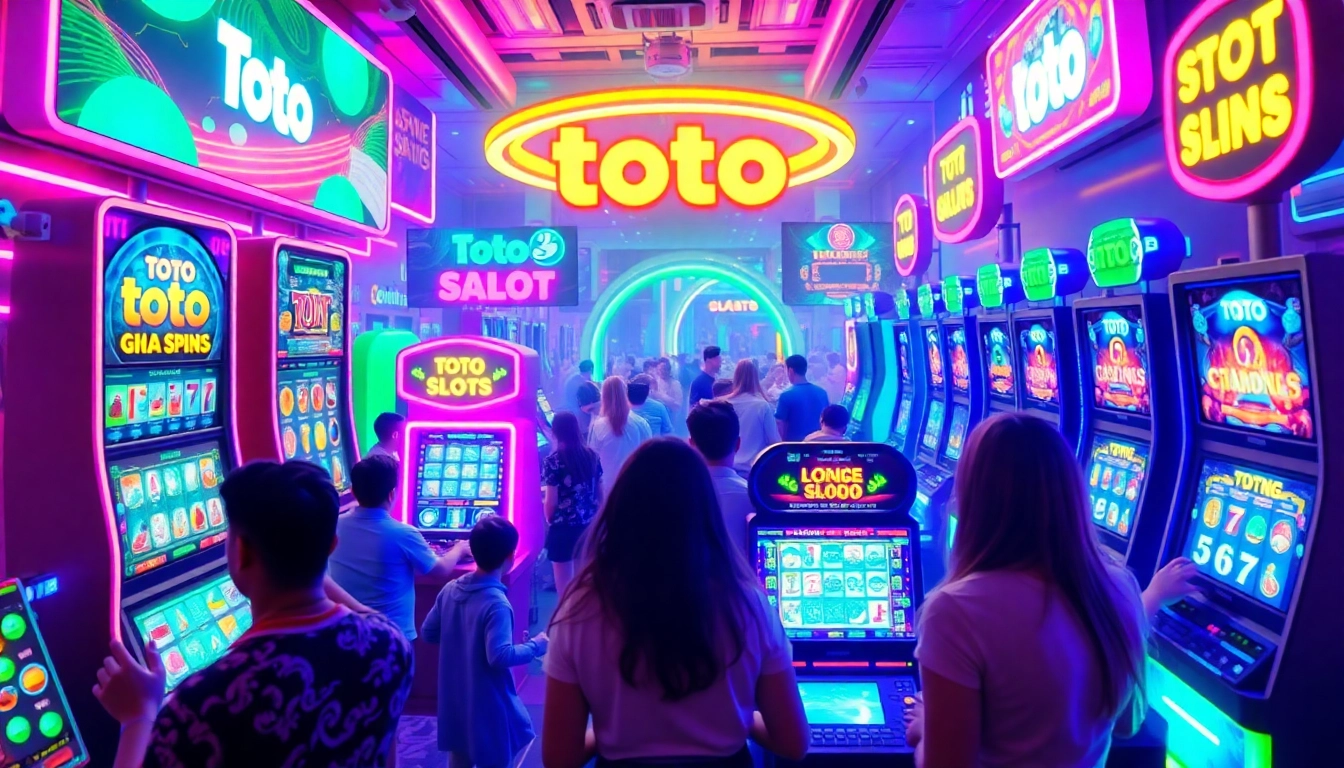 Asupantoto vibrant online gaming scene showcasing Toto Slot games with enthusiastic players and dynamic digital screens.