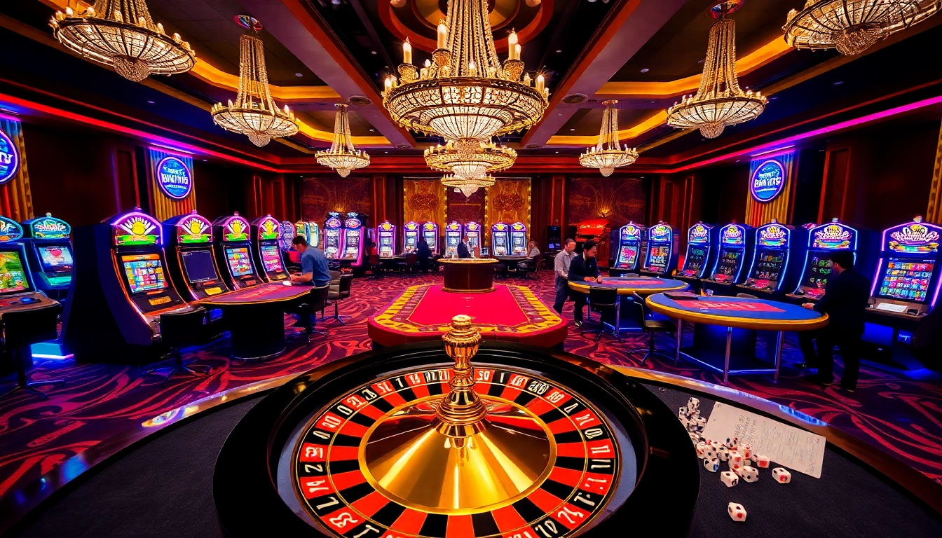 Rikvip casino scene featuring vibrant slot machines and engaging poker tables.