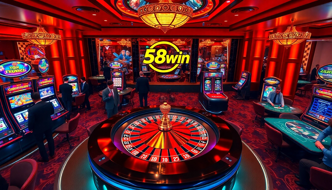 Players enjoying thrilling games at 58win's luxurious casino, showcasing roulette and poker.