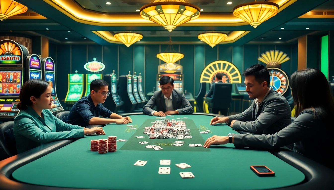 Players strategizing in a game of Dominoqiu, surrounded by luxury casino elements.