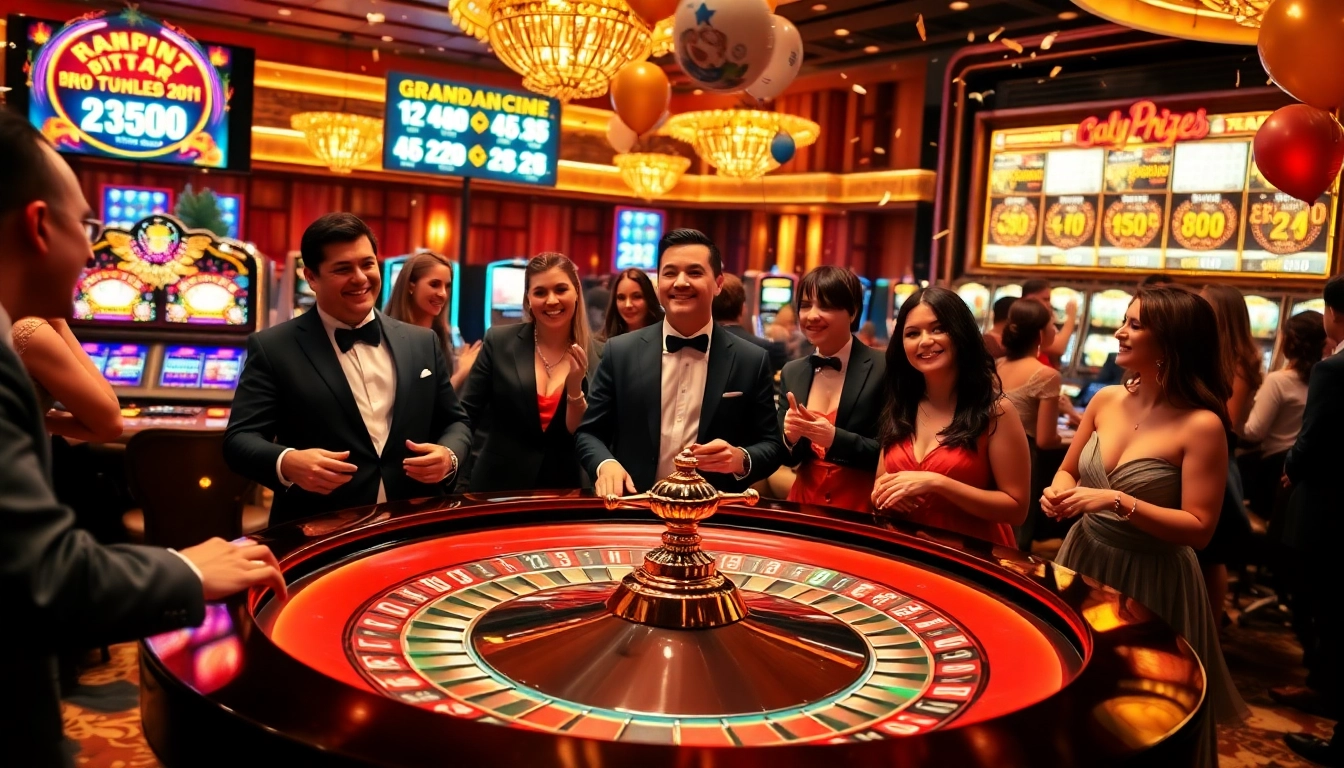 Explosion of a prize-winning lottery celebration in a luxurious casino with vibrant ambiance.