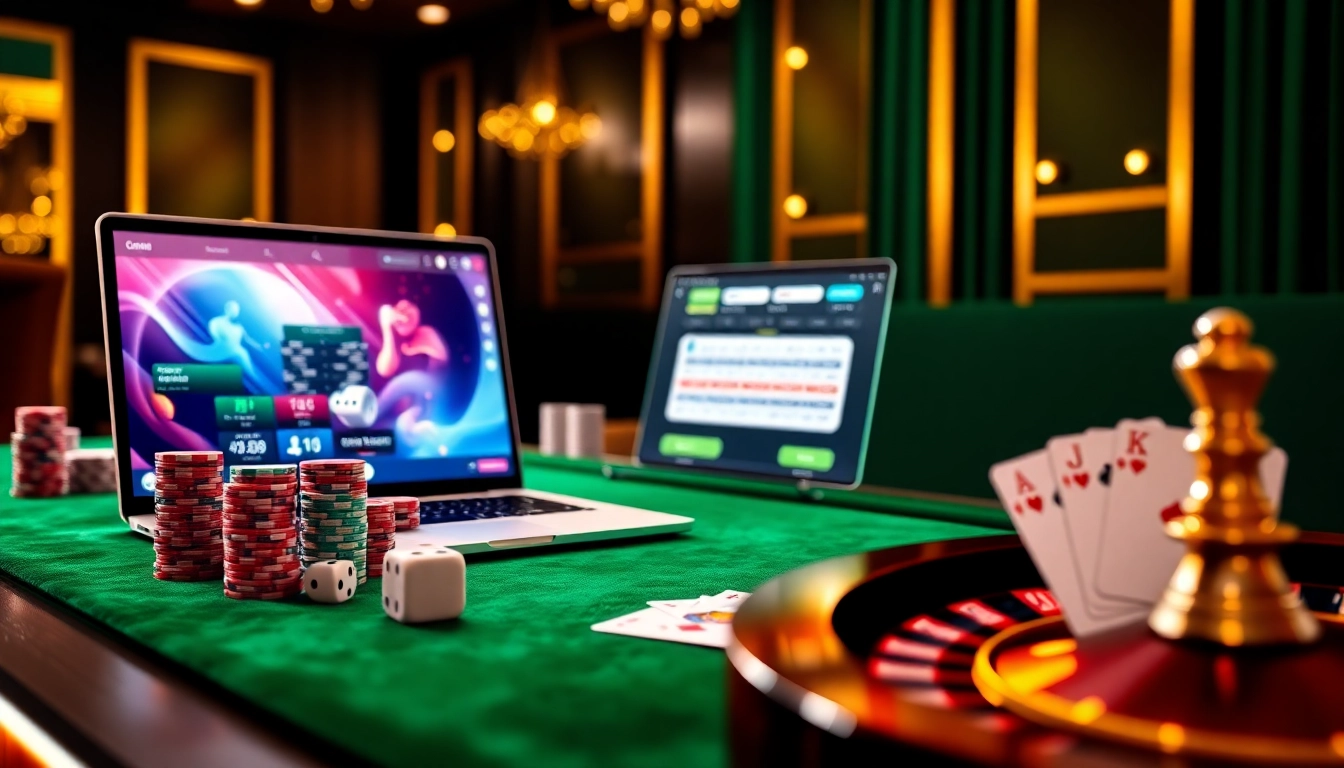 Engage in excitement at https://bong88.casa/ with a luxurious casino ambiance featuring poker chips, dice, and a roulette wheel.