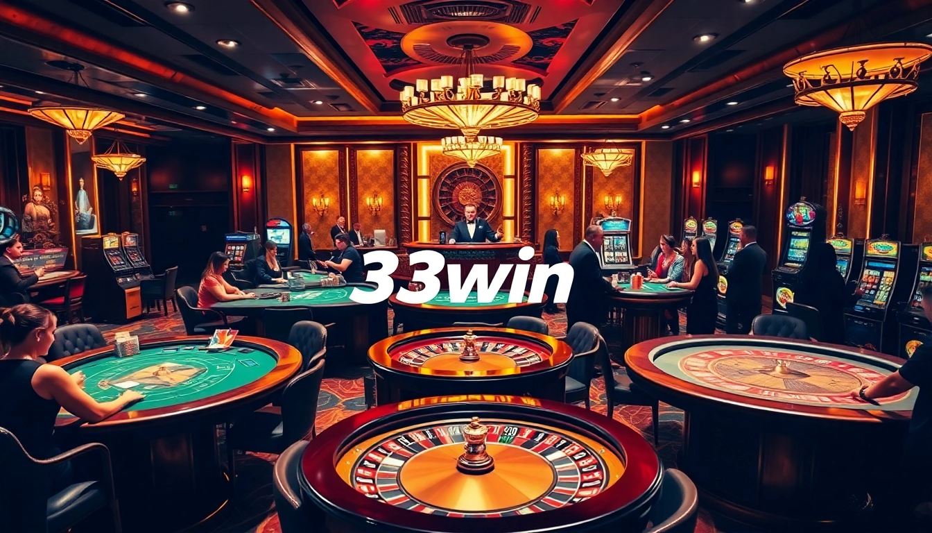 33win casino scene with poker tables, roulette wheels, and engaged players in a luxurious environment.