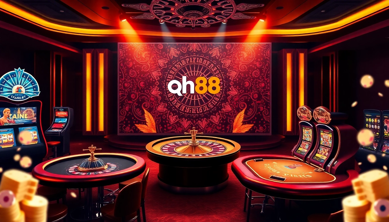 Experience the thrill of qh88 with vibrant casino elements like poker tables, roulette wheels, and slot machines.