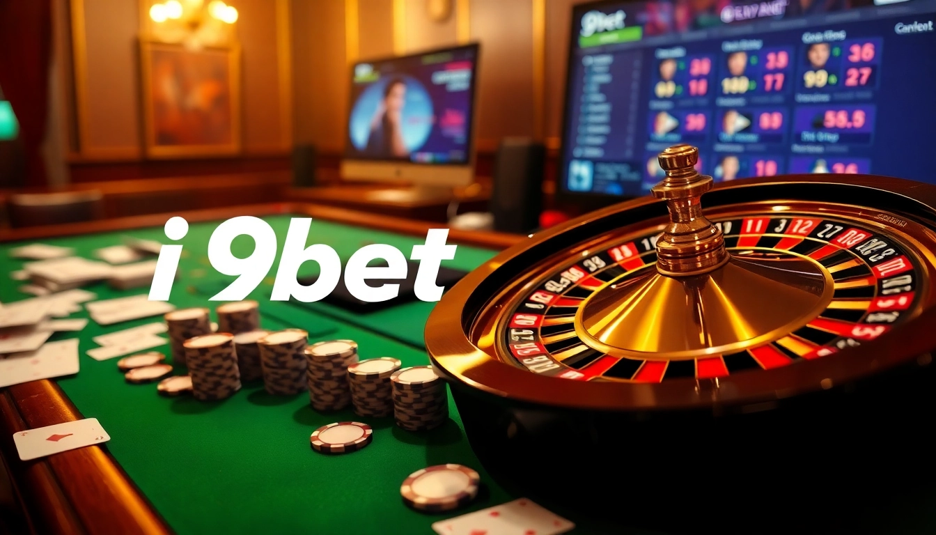Engaging roulette wheel and poker chips illustrating the thrill of i9bet online gambling.