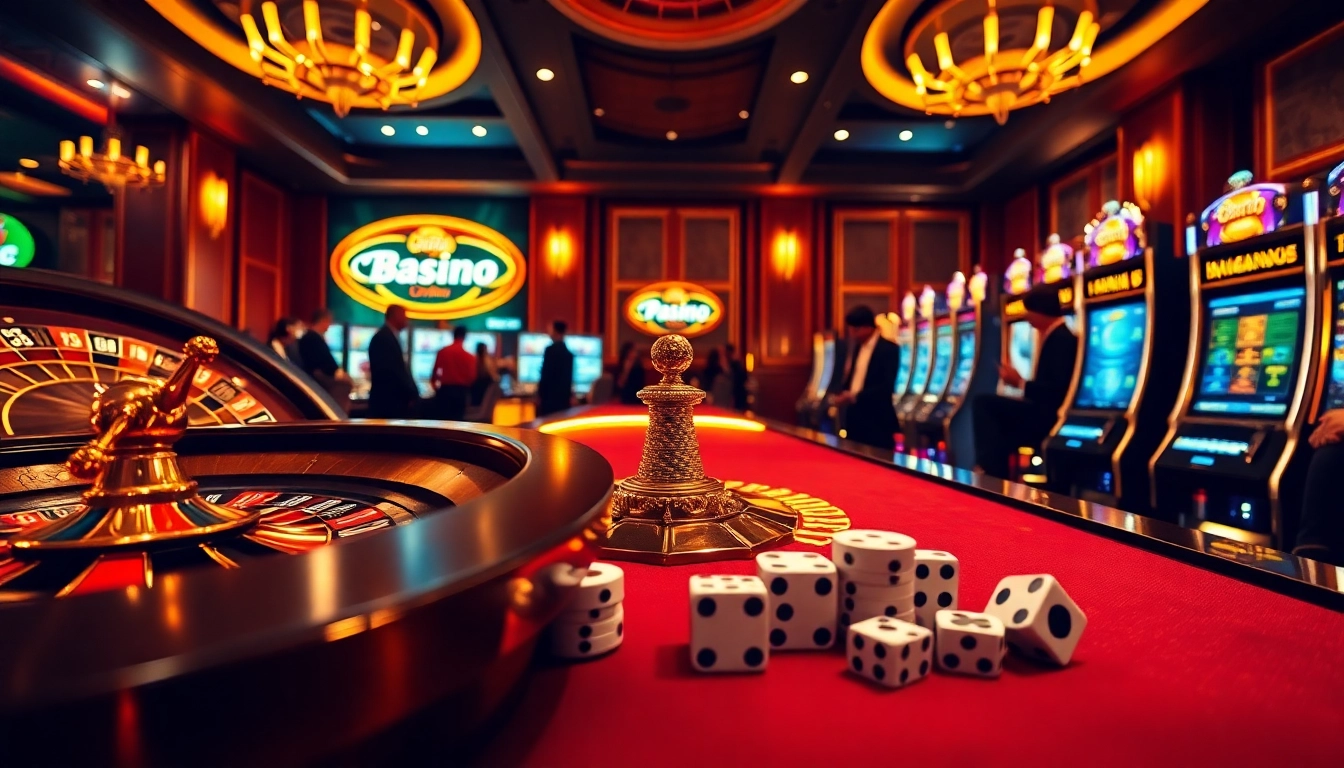A vibrant casino scene showcasing nhà cái go88 with roulette, poker chips, and slot machines.