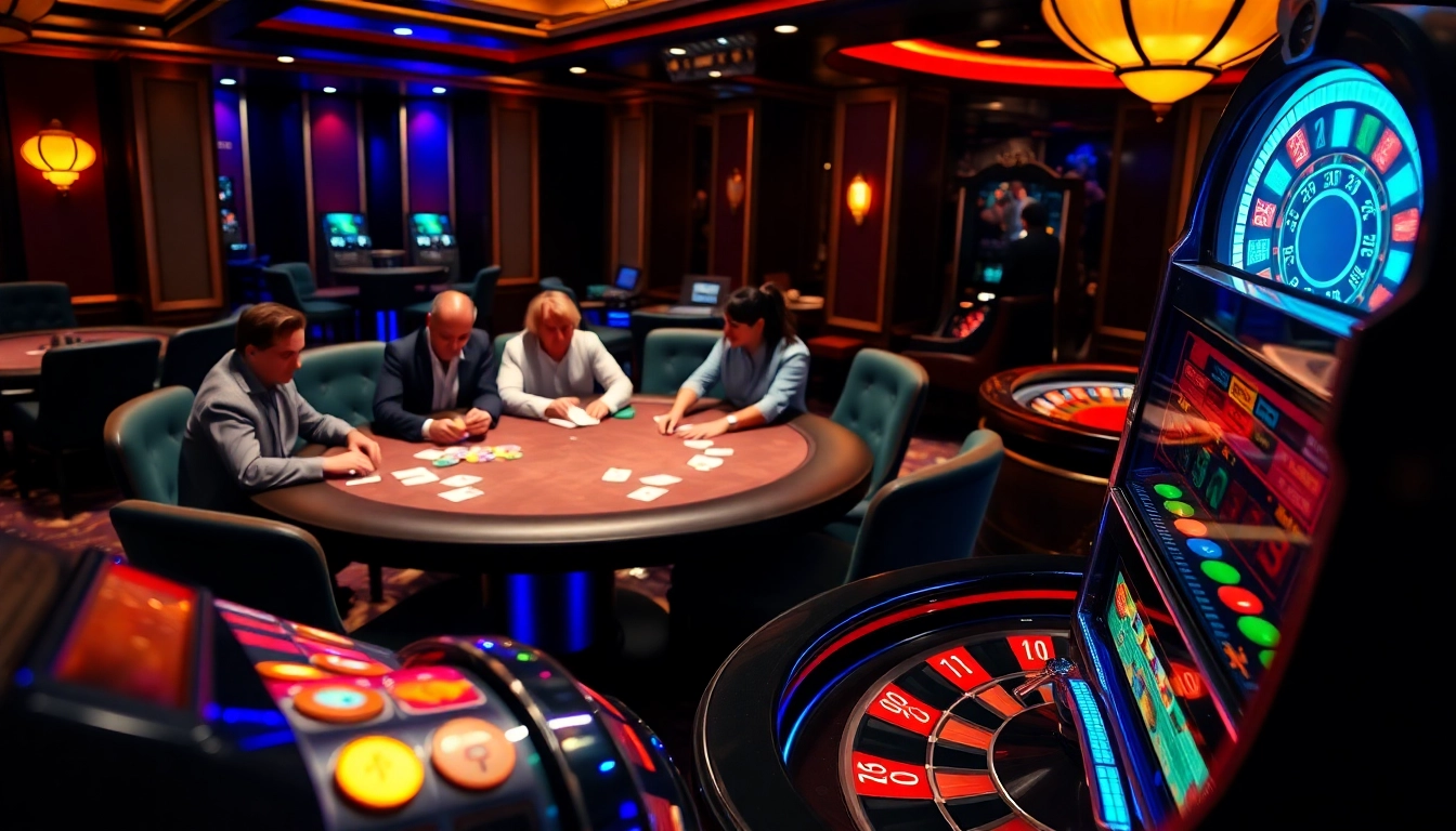 Engaging casino scene at https://sunwin.tube/ featuring vibrant poker play and neon slot machines.