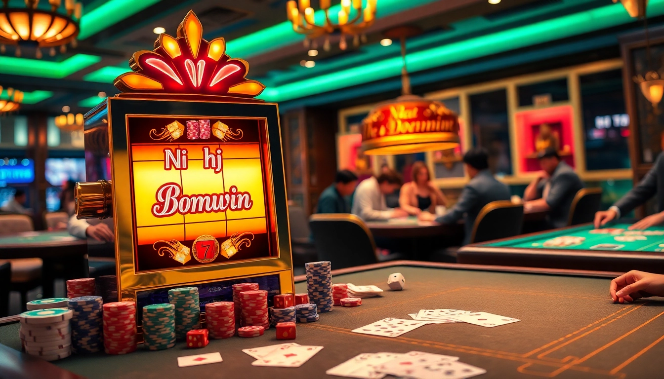 Nổ hũ Bomwin slot machine with vibrant colors and casino elements like poker chips and cards.