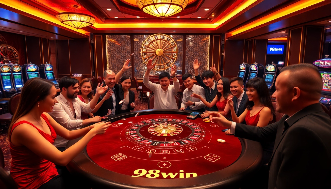 98win players celebrating wins at a luxurious blackjack table in a vibrant casino scene.