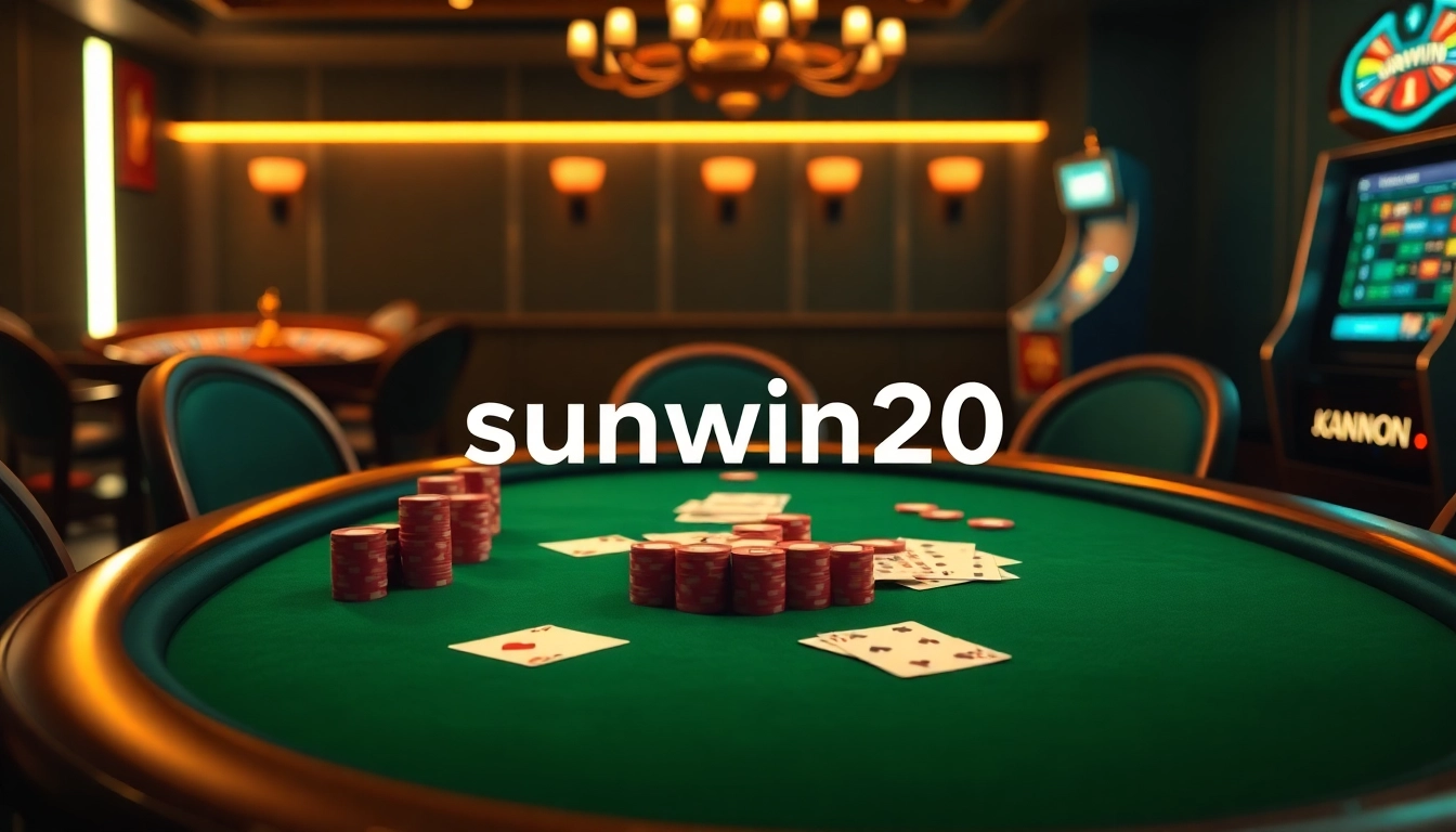 Engaging poker scene showcasing sunwin20's exciting gambling atmosphere with cards and chips.