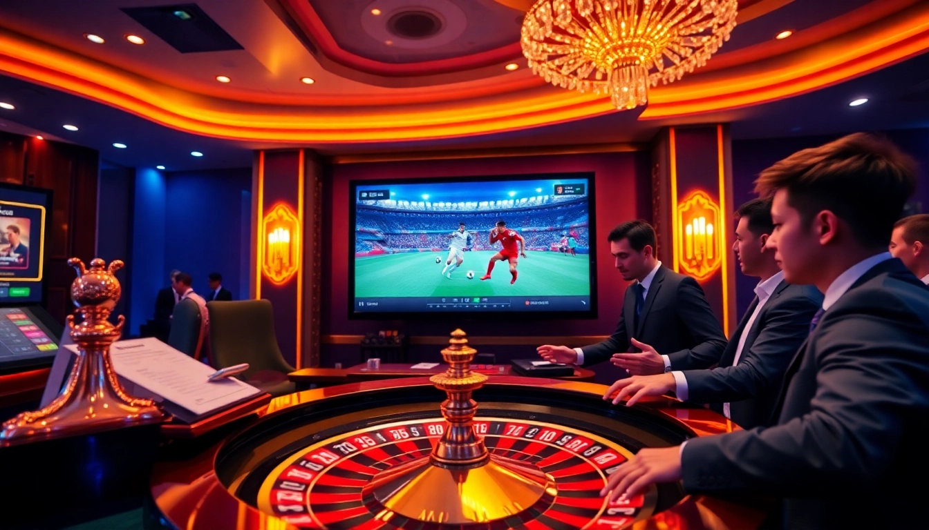 Engaging scene of gamblers placing bets on a football match at BK8, highlighting แทงบอล excitement.