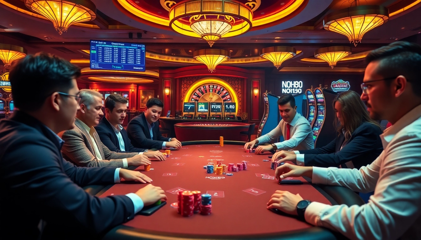 Experience a thrilling night at NOHU90 casino tables with vibrant poker chips and cards.