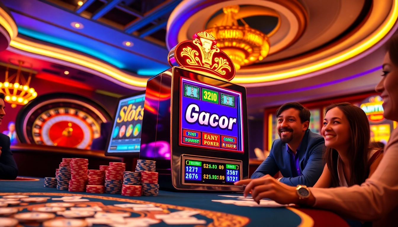 Players celebrate wins at the Slot Gacor machine in an upscale casino environment.