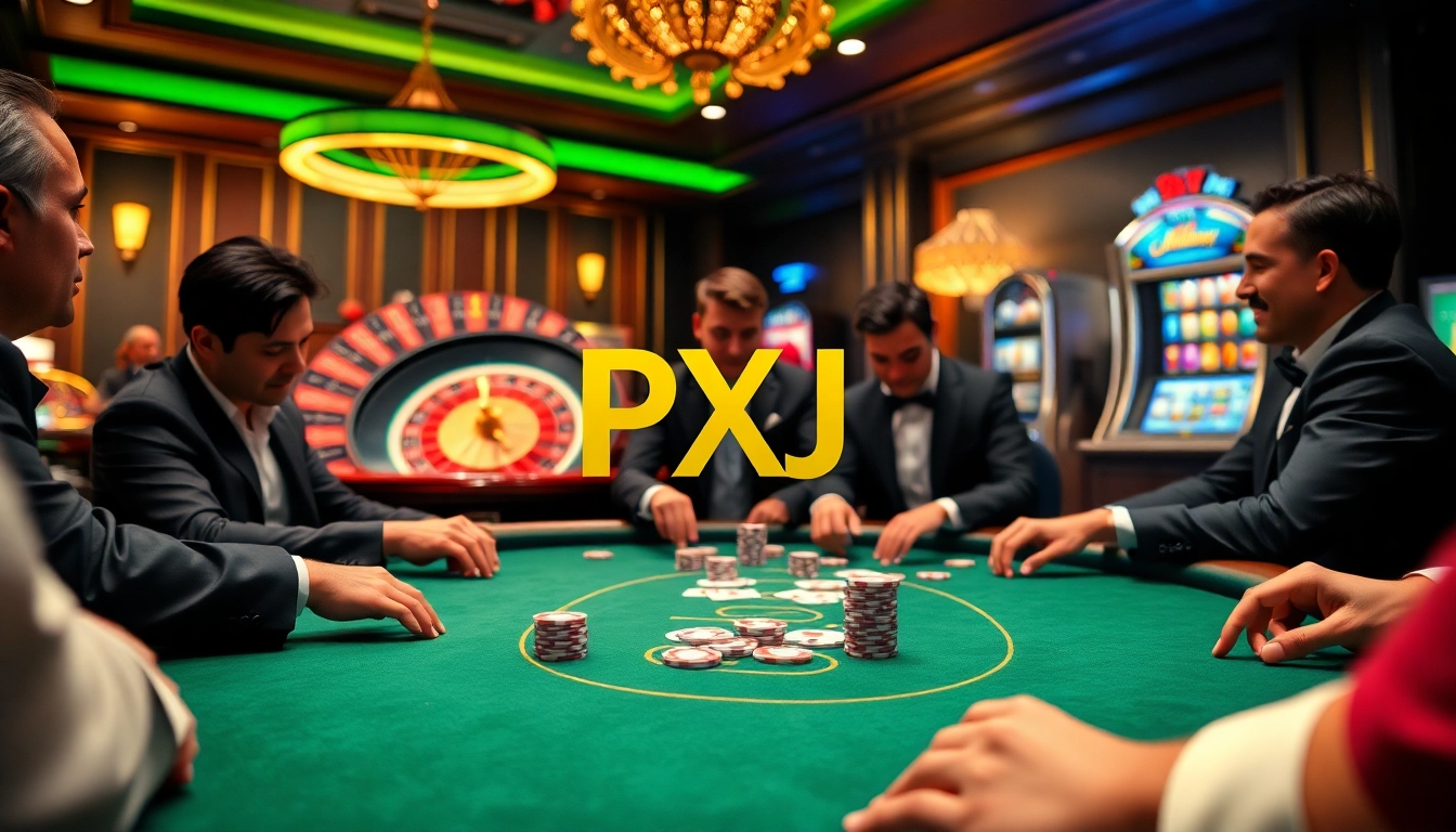 Exciting casino scene showing gambling with PXJ poker chips and cards in play at a lavish table.