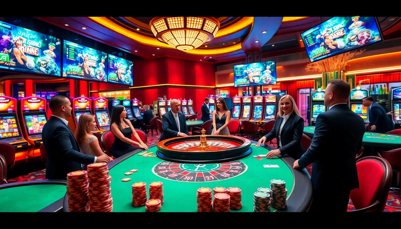 Players enjoying a vibrant gaming experience at Hi88 casino featuring roulette and slot machines.
